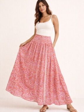 Anthropologie Sky to Moon Pink Floral Maxi Skirt Boho Barbie High Waist Girly M